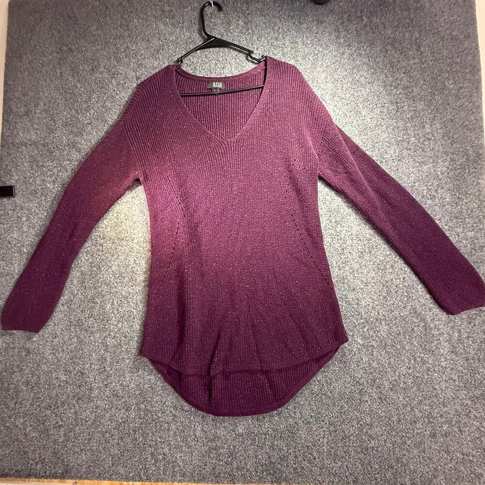 a.n.a A New Approach Women's Purple Metallic Sparkle V-Neck Sweater Tunic Size L